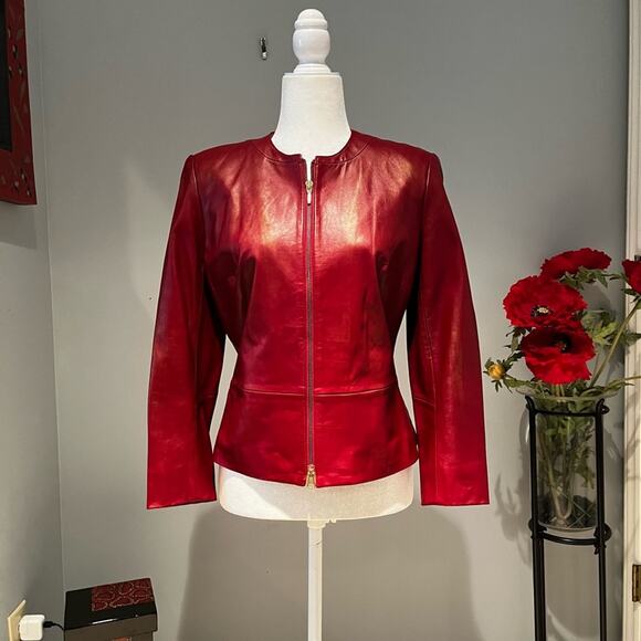 NEW Vakko VS2 Lamb Leather Classic Tailored Peplum Zip Collarless Jacket Red… - Picture 11 of 13